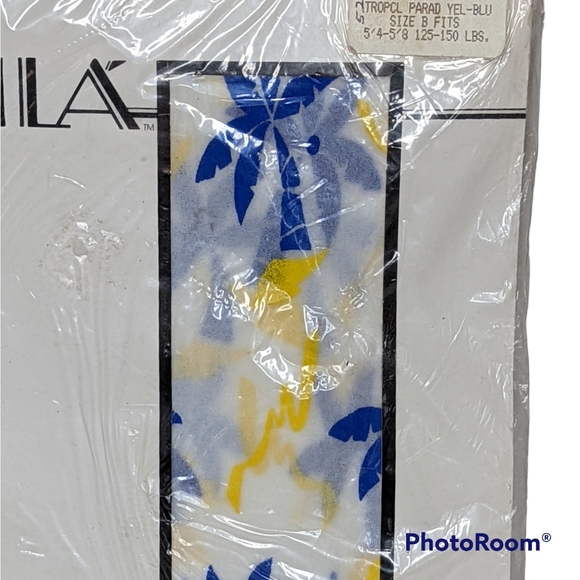 Vintage Viola Pantyhose Sz B Blue Palm Trees Yellow On White Opaque 1983 NOS - Picture 3 of 9